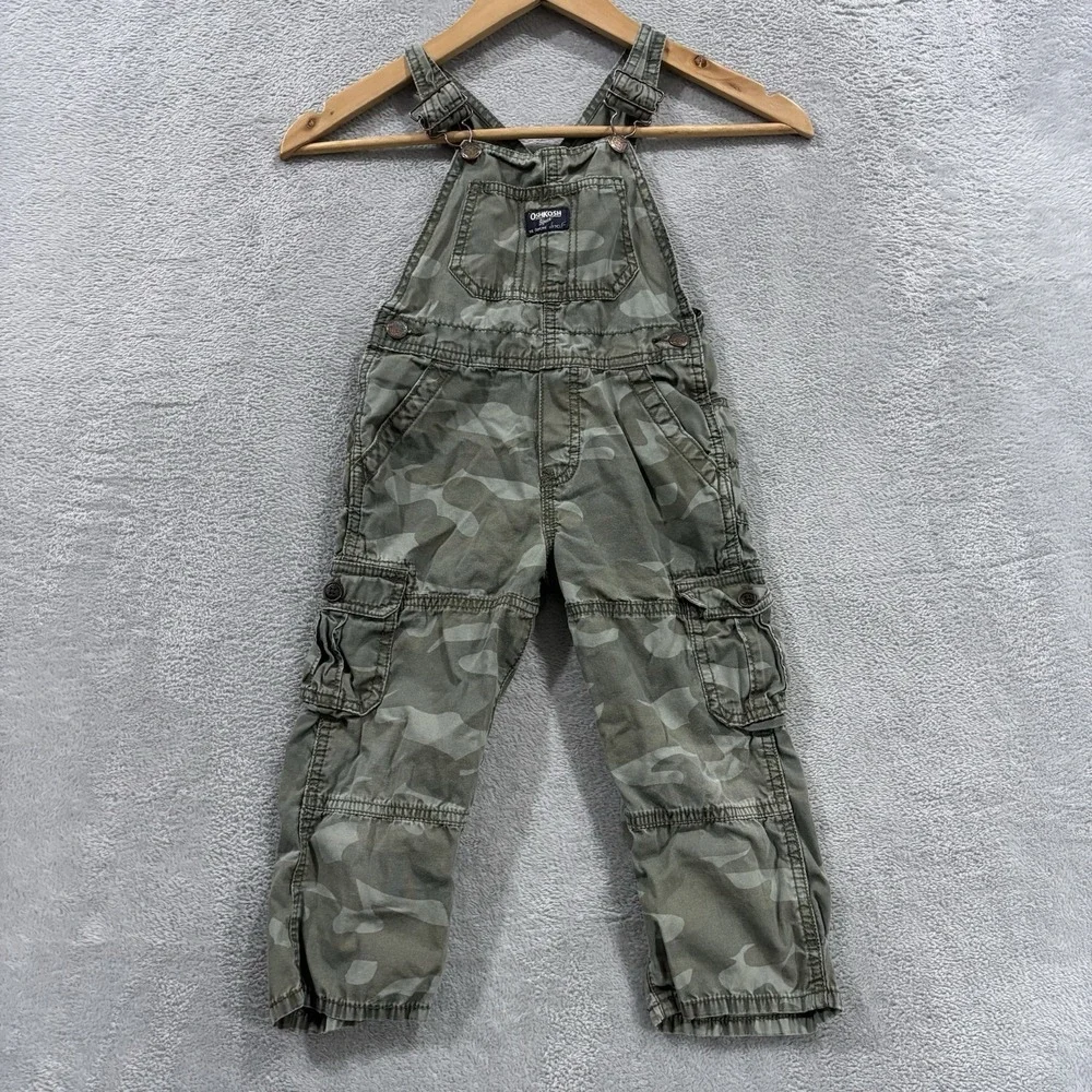 OshKosh B'Gosh Camo Overalls Bib Youth Kids 3T Cargo Pockets Utility Green